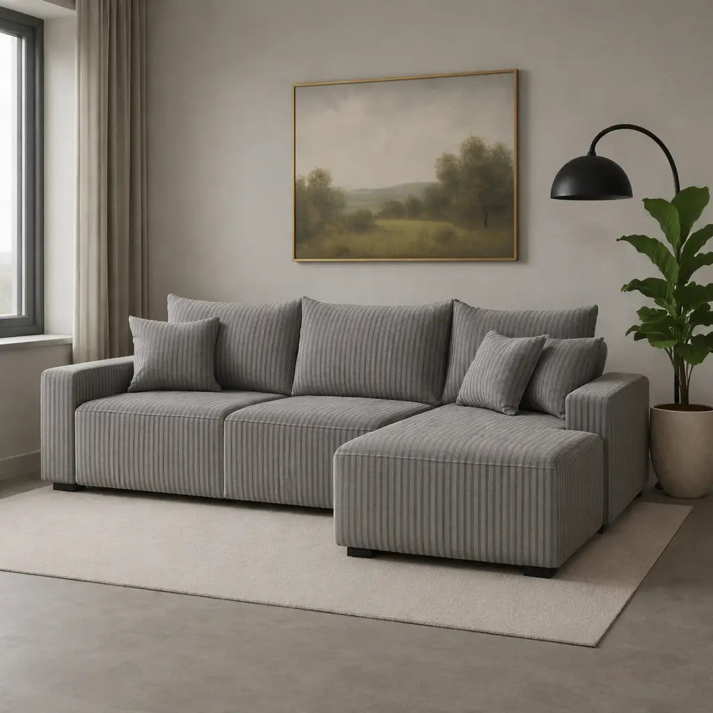 Mały Narożnik z Funkcją Spania i Pojemnikiem na Pościel TEDEN – sztruksowy, nowoczesny do salonu Milo Furniture