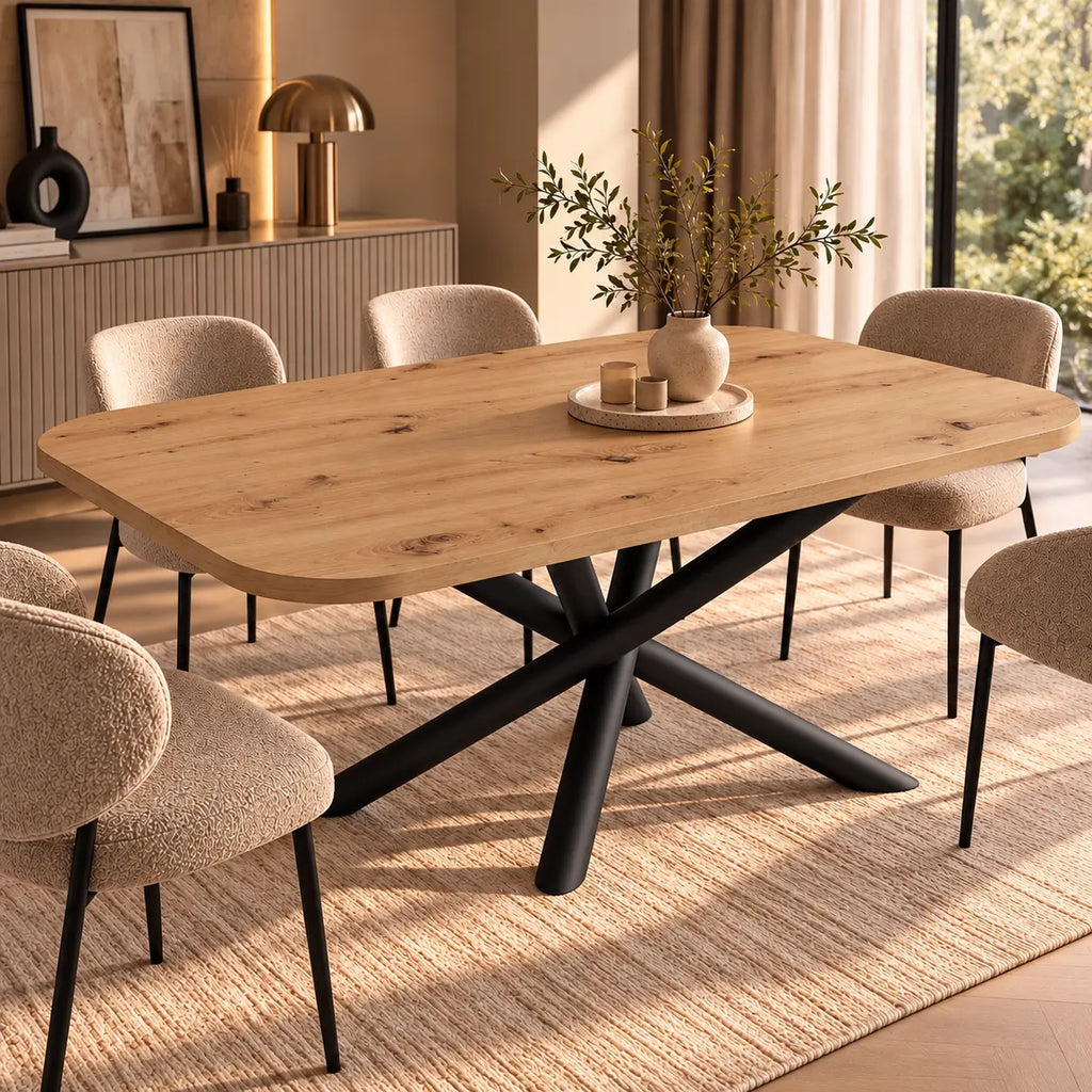 Stół OSLO 185×90cm Dąb Artisan – Zaokrąglony Blat, Czarna Metalowa Podstawa Milo Furniture