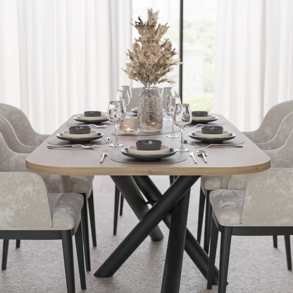 Stół OSLO 185×90cm Dąb Artisan – Zaokrąglony Blat, Czarna Metalowa Podstawa Milo Furniture