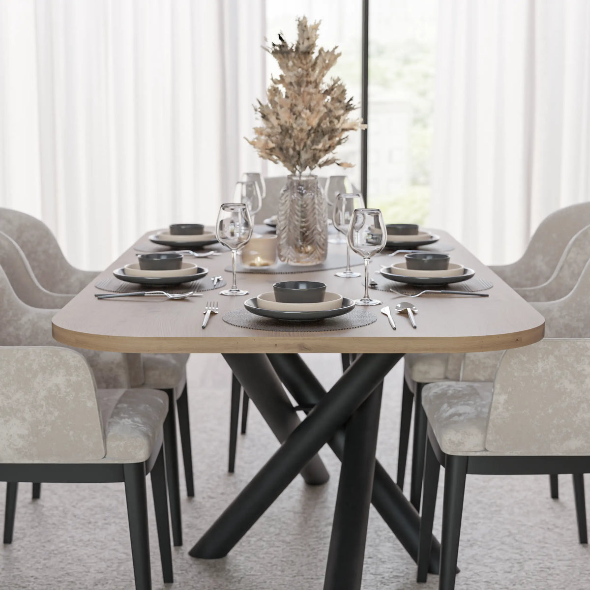Stół OSLO 185×90cm Dąb Artisan – Zaokrąglony Blat, Czarna Metalowa Podstawa Milo Furniture