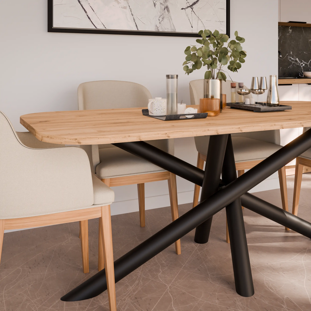 Stół OSLO 185×90cm Dąb Artisan – Zaokrąglony Blat, Czarna Metalowa Podstawa Milo Furniture