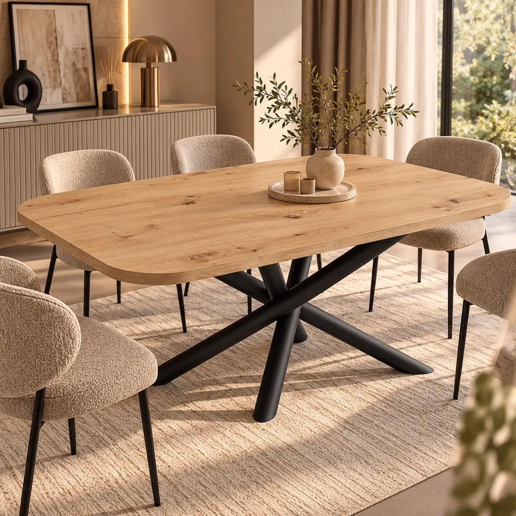 Stół OSLO 185×90cm Dąb Artisan – Zaokrąglony Blat, Czarna Metalowa Podstawa Milo Furniture