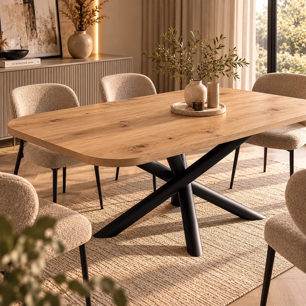 Stół OSLO 185×90cm Dąb Artisan – Zaokrąglony Blat, Czarna Metalowa Podstawa Milo Furniture