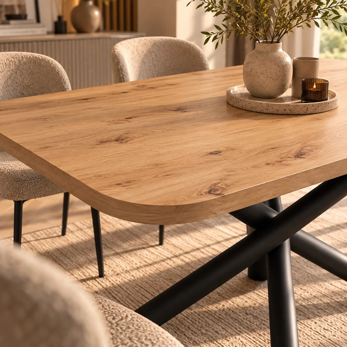 Stół OSLO 185×90cm Dąb Artisan – Zaokrąglony Blat, Czarna Metalowa Podstawa Milo Furniture