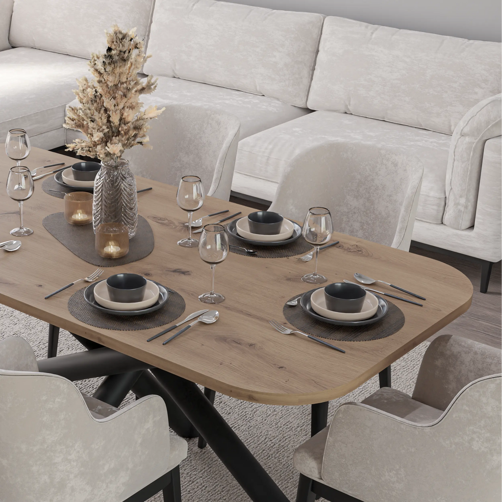 Stół OSLO 185×90cm Dąb Artisan – Zaokrąglony Blat, Czarna Metalowa Podstawa Milo Furniture