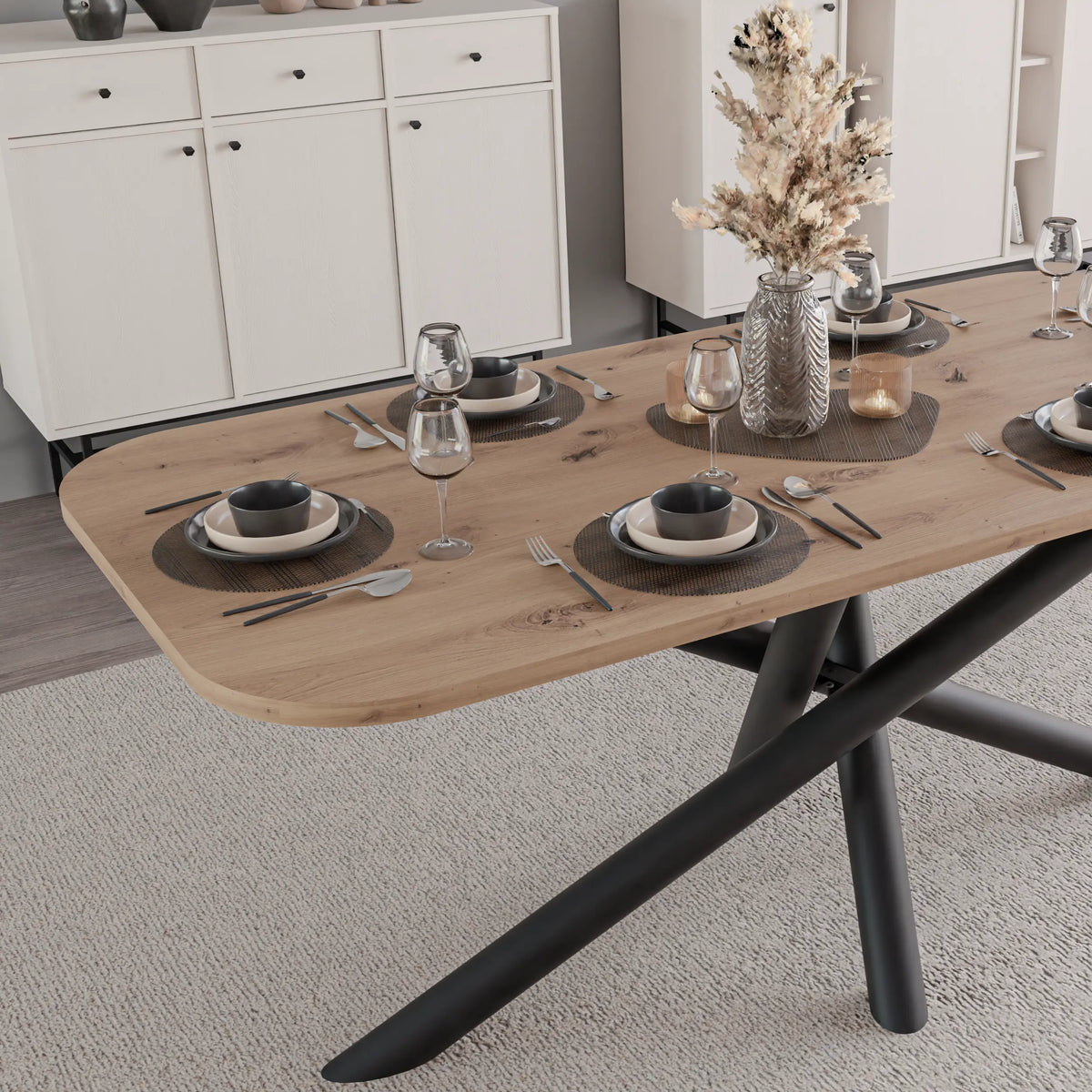 Stół OSLO 185×90cm Dąb Artisan – Zaokrąglony Blat, Czarna Metalowa Podstawa Milo Furniture