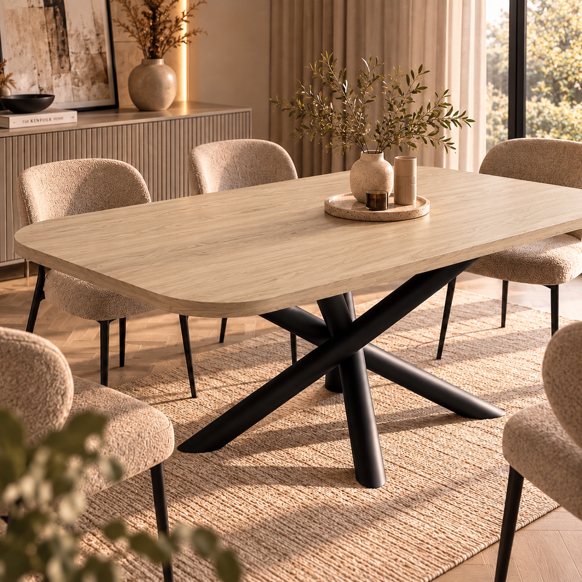 Stół OSLO 185×90cm Dąb Lindberg – Zaokrąglony Blat, Czarna Metalowa Podstawa