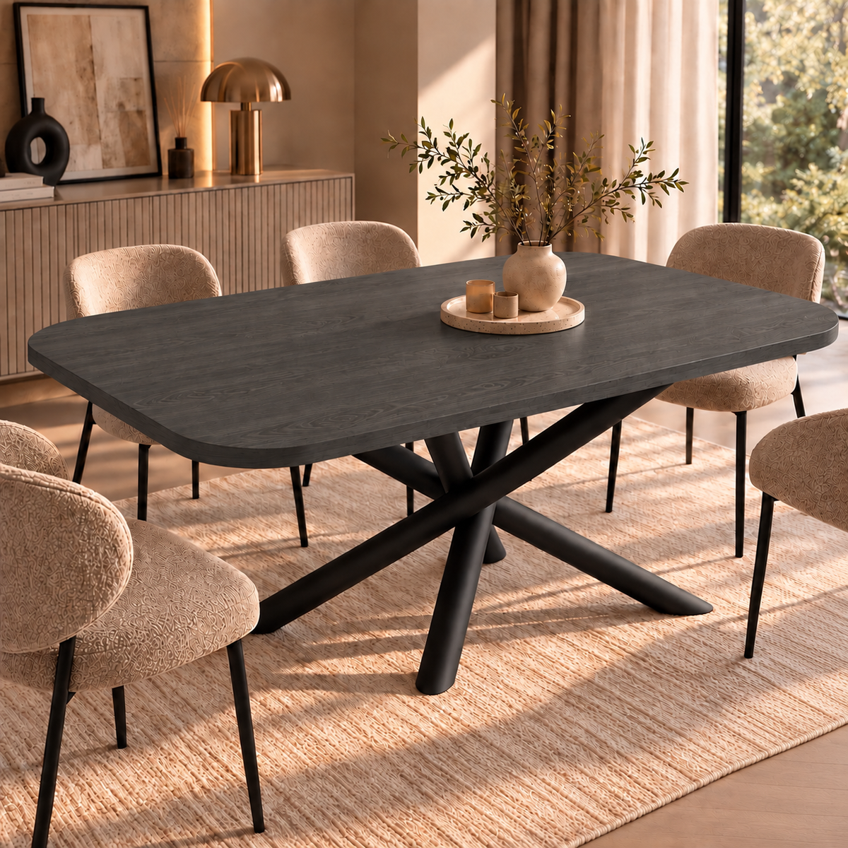 Stół OSLO 185×90cm Jesion Portland – Zaokrąglony Blat, Czarna Metalowa Podstawa