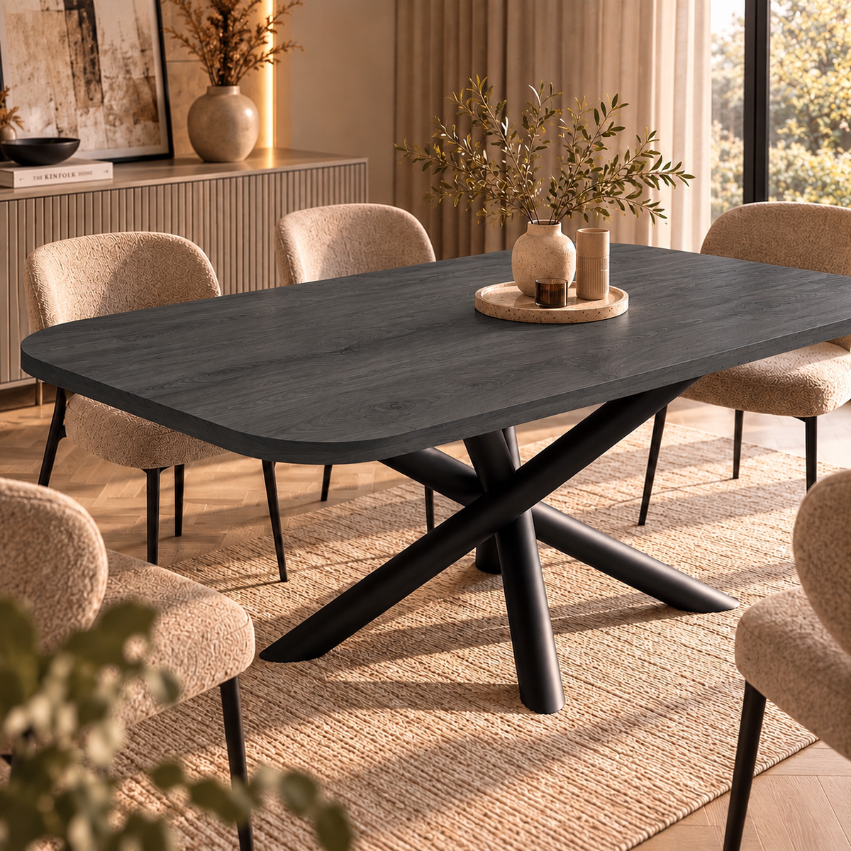 Stół OSLO 185×90cm Jesion Portland – Zaokrąglony Blat, Czarna Metalowa Podstawa