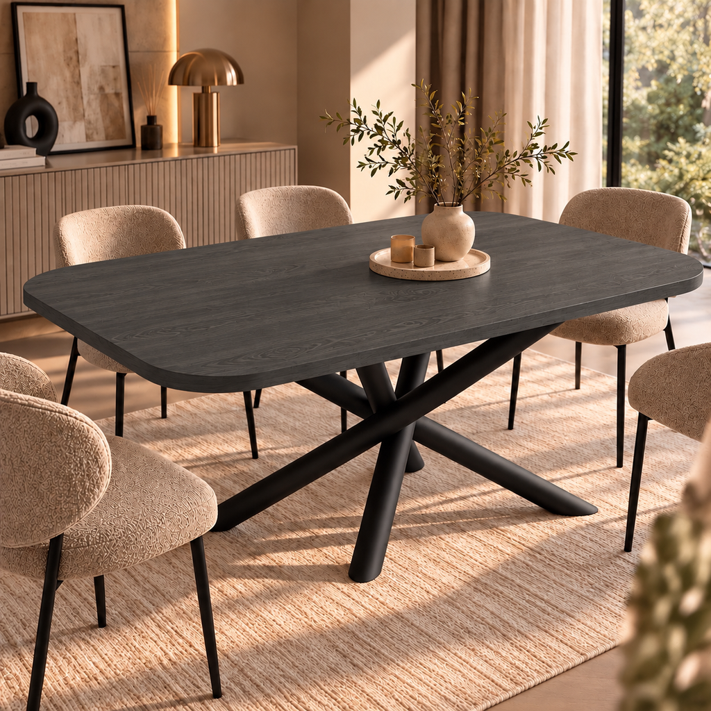 Stół OSLO 185×90cm Jesion Portland – Zaokrąglony Blat, Czarna Metalowa Podstawa