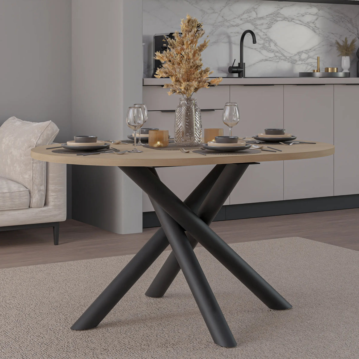 Stół OSLO Owalny 138×100cm Dąb Lindberg – Czarna Metalowa Podstawa Milo Furniture