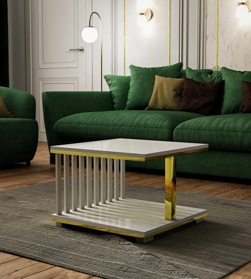 Stolik Kawowy Glamour Biały Złoty 60×60 Aureum Blanc Milo Furniture