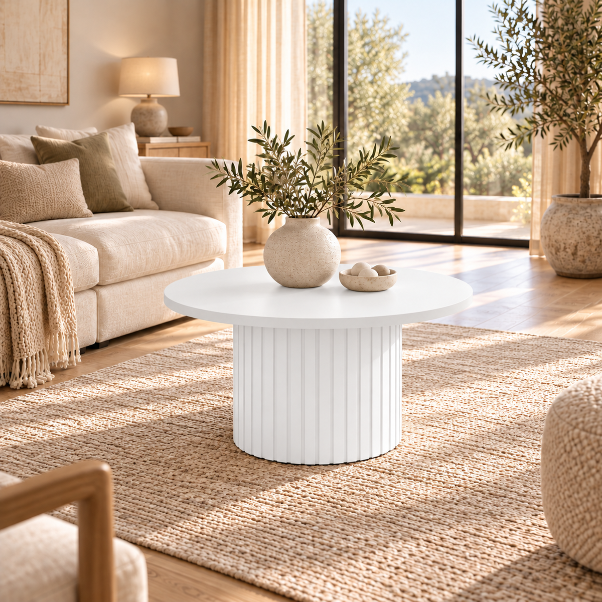Stolik Kawowy LUNEO 70cm Biały – Okrągły z Ryflowaną Podstawą