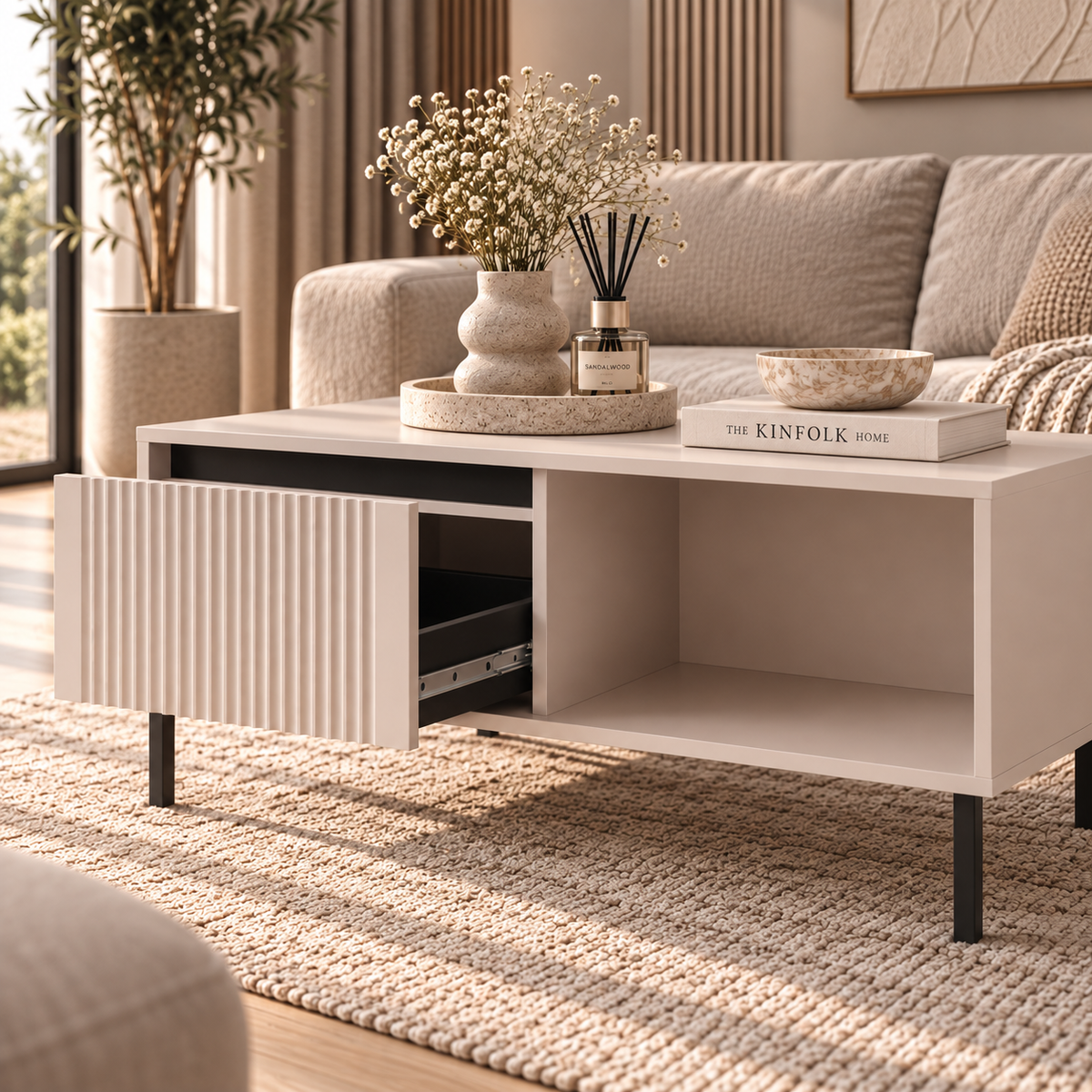Stolik Kawowy OSAKA 100cm Beż Piaskowy – Ryflowany z Szufladami