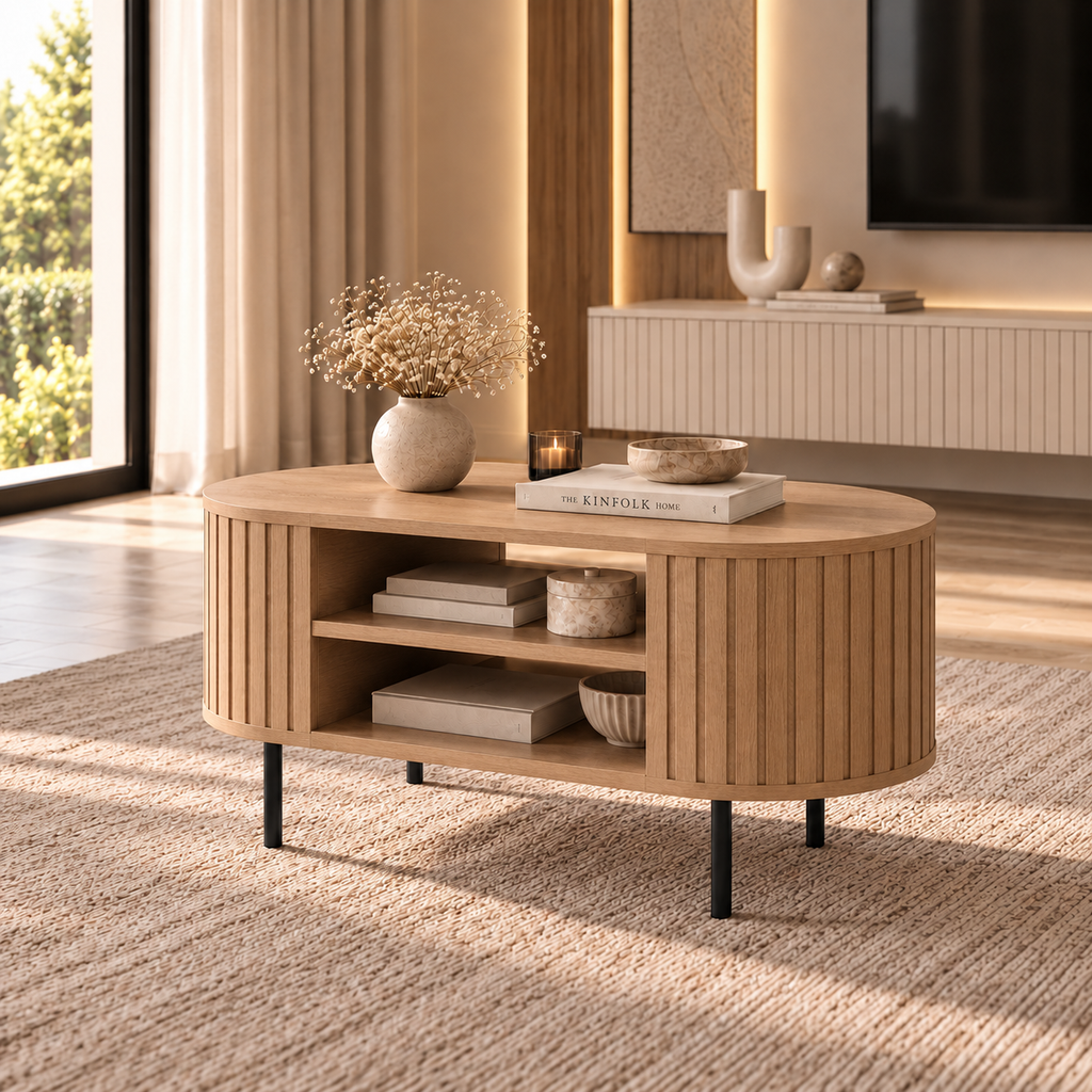 Stolik Kawowy OVALIO 100cm Dąb Cremona – Ryflowany z Czarnymi Nogami