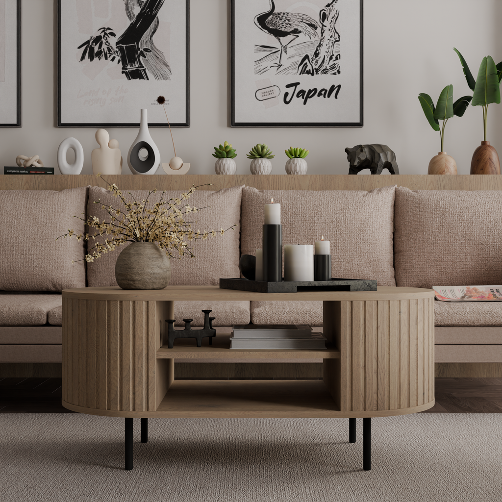 Stolik Kawowy OVALIO 100cm Dąb Cremona – Ryflowany z Czarnymi Nogami