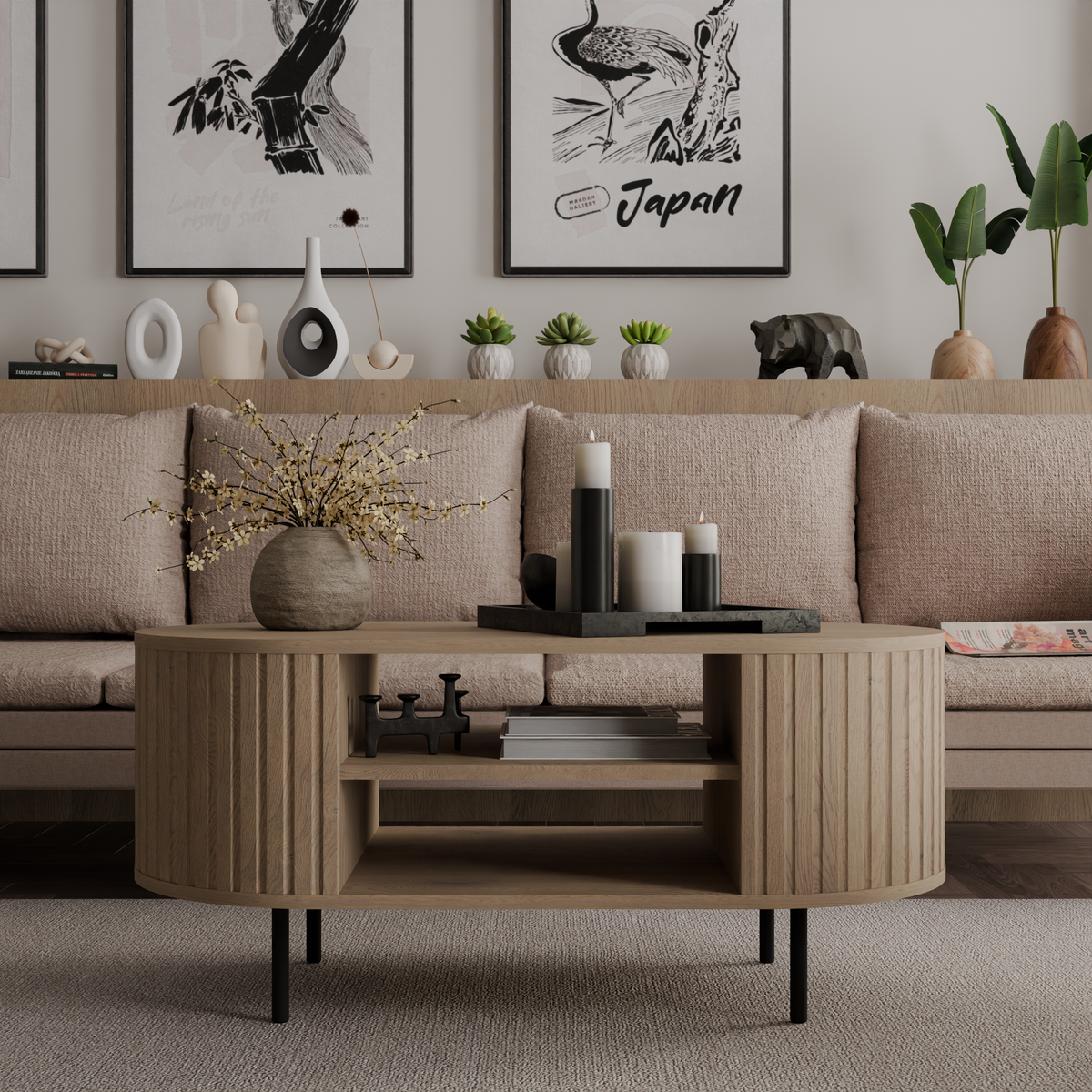 Stolik Kawowy OVALIO 100cm Dąb Cremona – Ryflowany z Czarnymi Nogami