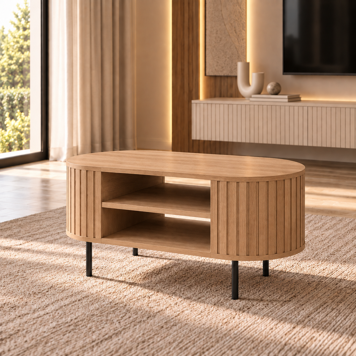 Stolik Kawowy OVALIO 100cm Dąb Cremona – Ryflowany z Czarnymi Nogami