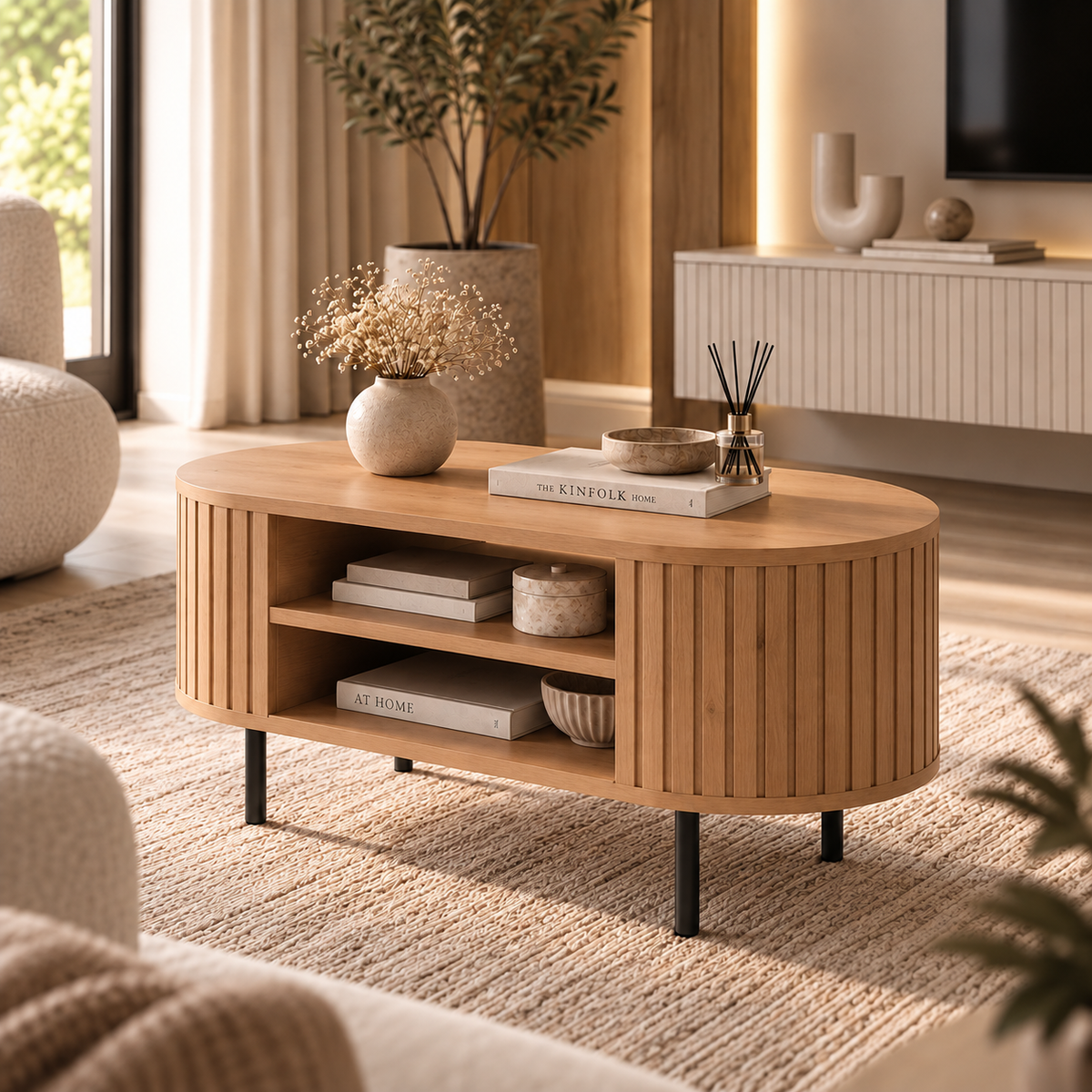 Stolik Kawowy OVALIO 100cm Dąb Cremona – Ryflowany z Czarnymi Nogami