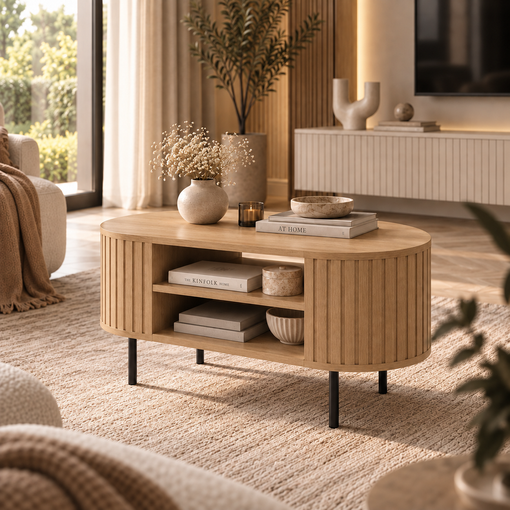 Stolik Kawowy OVALIO 100cm Dąb Cremona – Ryflowany z Czarnymi Nogami