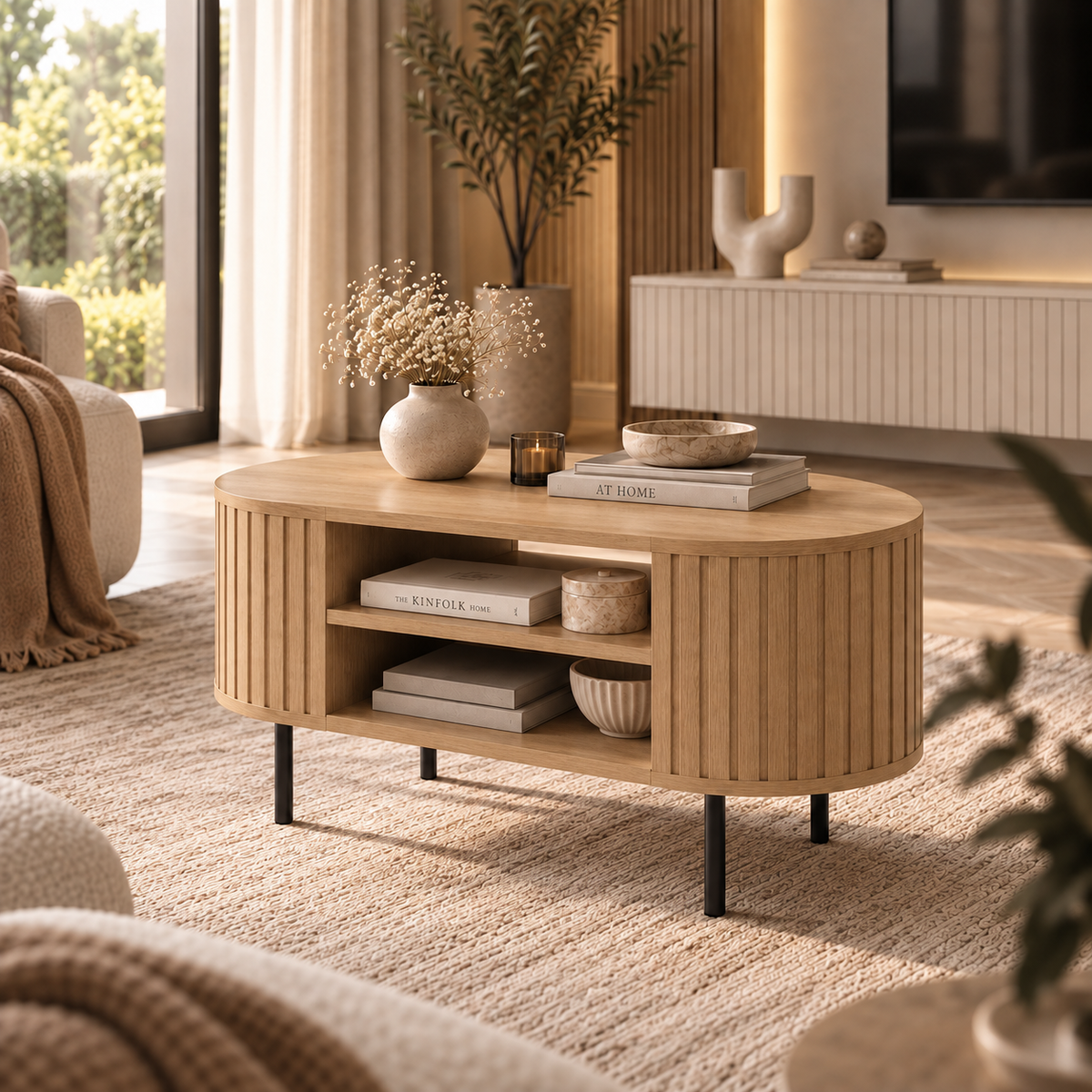 Stolik Kawowy OVALIO 100cm Dąb Cremona – Ryflowany z Czarnymi Nogami