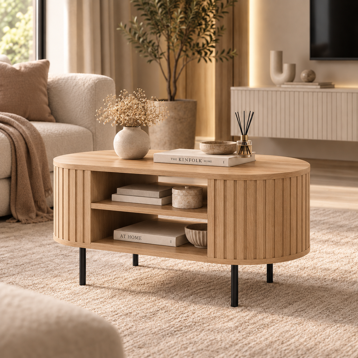 Stolik Kawowy OVALIO 100cm Dąb Cremona – Ryflowany z Czarnymi Nogami