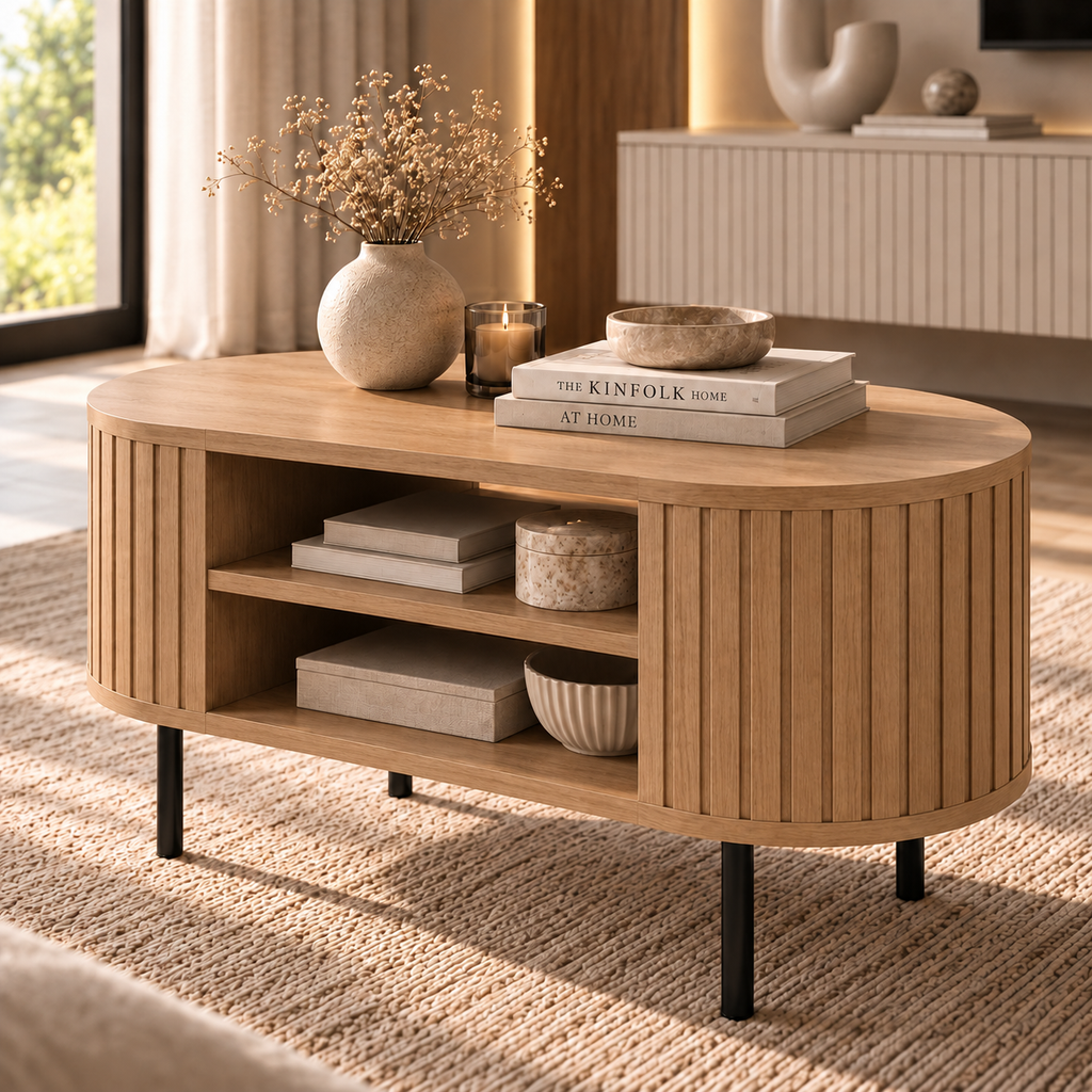 Stolik Kawowy OVALIO 100cm Dąb Cremona – Ryflowany z Czarnymi Nogami