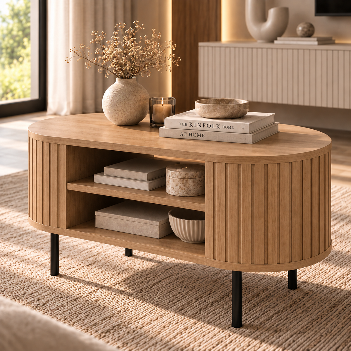 Stolik Kawowy OVALIO 100cm Dąb Cremona – Ryflowany z Czarnymi Nogami