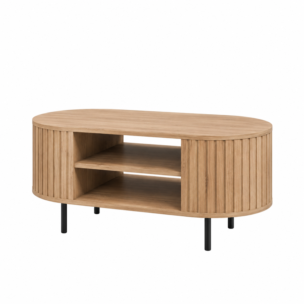Stolik Kawowy OVALIO 100cm Dąb Cremona – Ryflowany z Czarnymi Nogami
