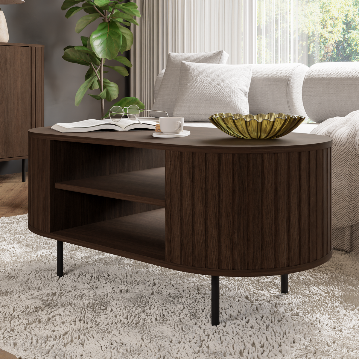 Stolik Kawowy OVALIO 100cm Dąb Dunin – Ryflowany z Czarnymi Nogami
