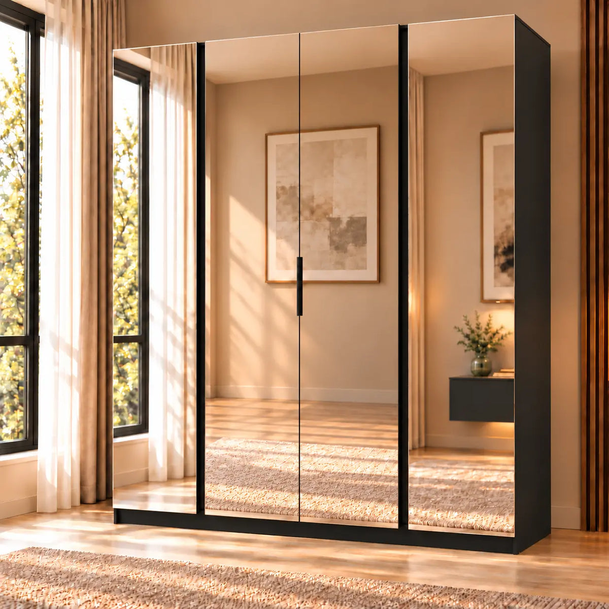 Szafa MILLA 200cm Czarna z 4 Lustrami – Nowoczesna Szafa do Sypialni Milo Furniture