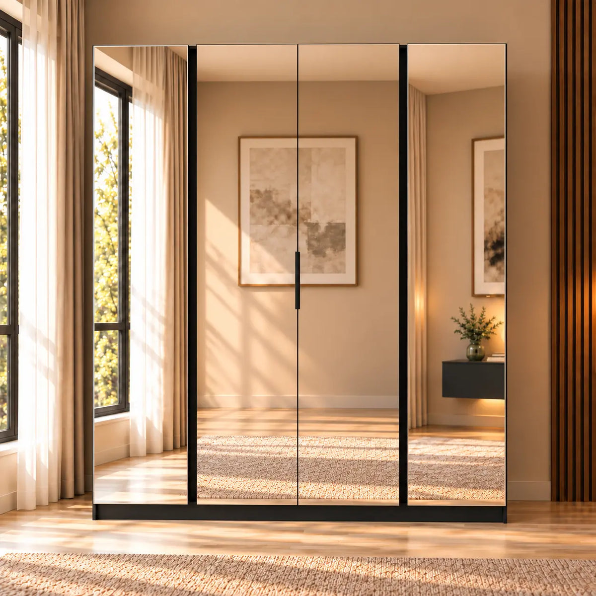 Szafa MILLA 200cm Czarna z 4 Lustrami – Nowoczesna Szafa do Sypialni Milo Furniture