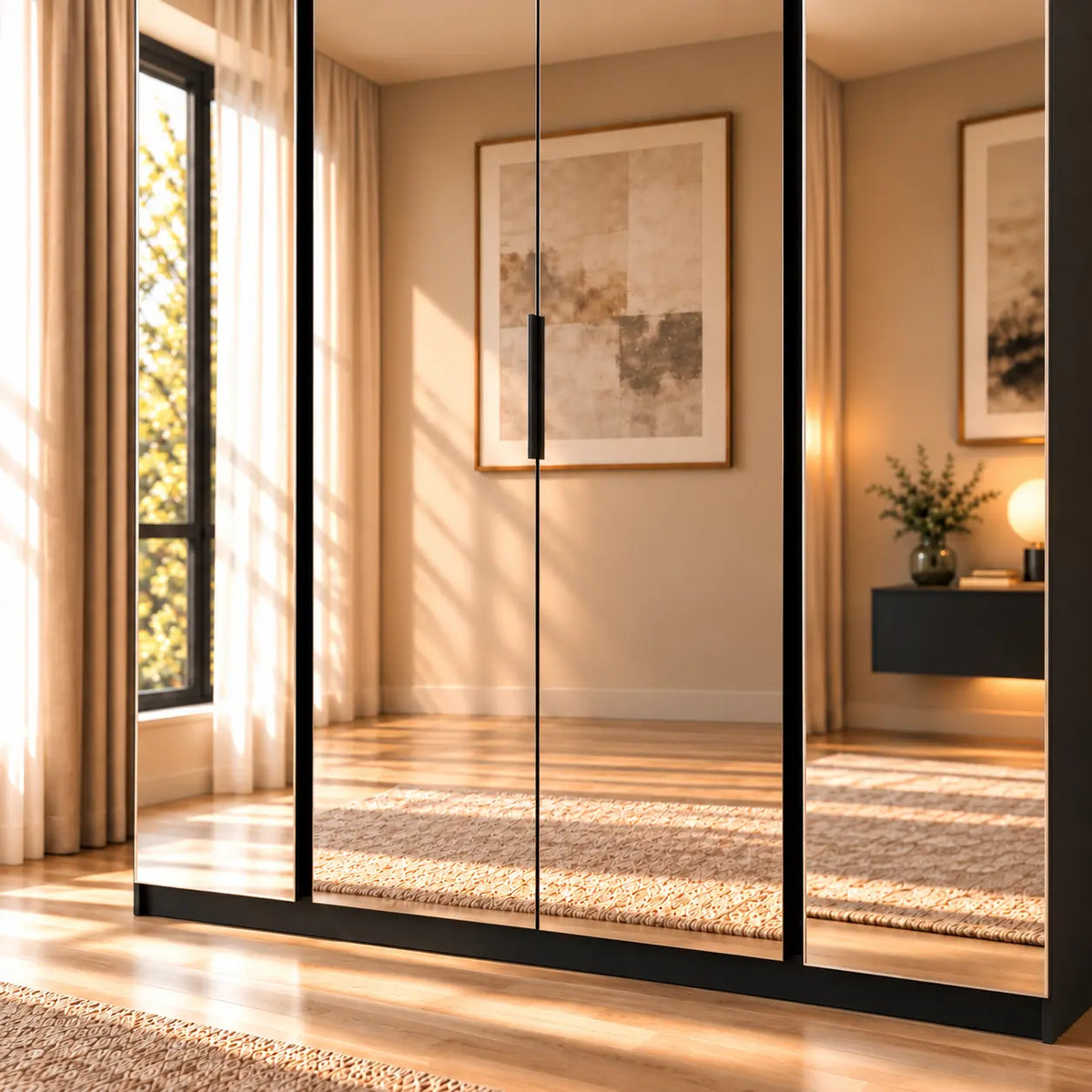 Szafa MILLA 200cm Czarna z 4 Lustrami – Nowoczesna Szafa do Sypialni Milo Furniture