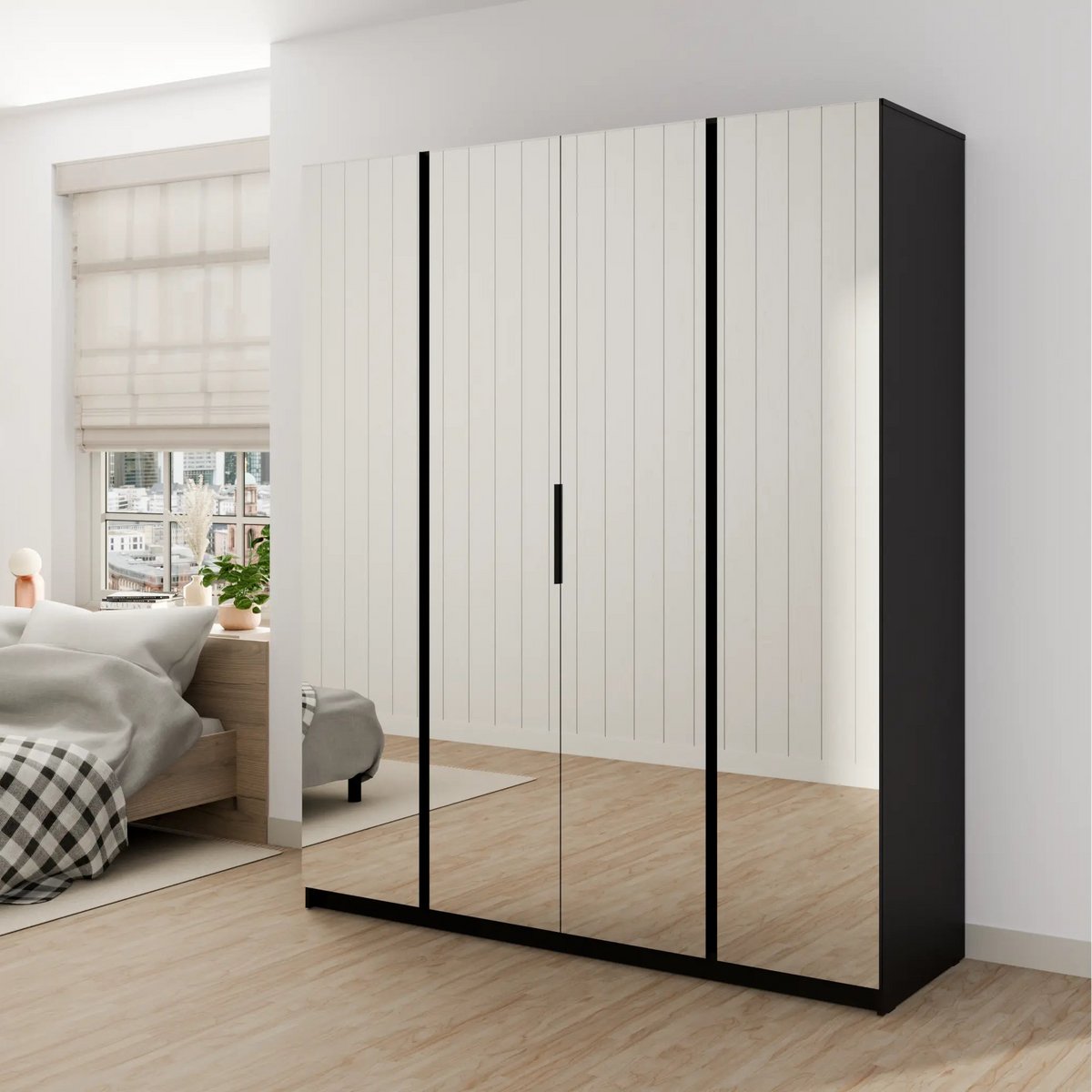 Szafa MILLA 200cm Czarna z 4 Lustrami – Nowoczesna Szafa do Sypialni Milo Furniture