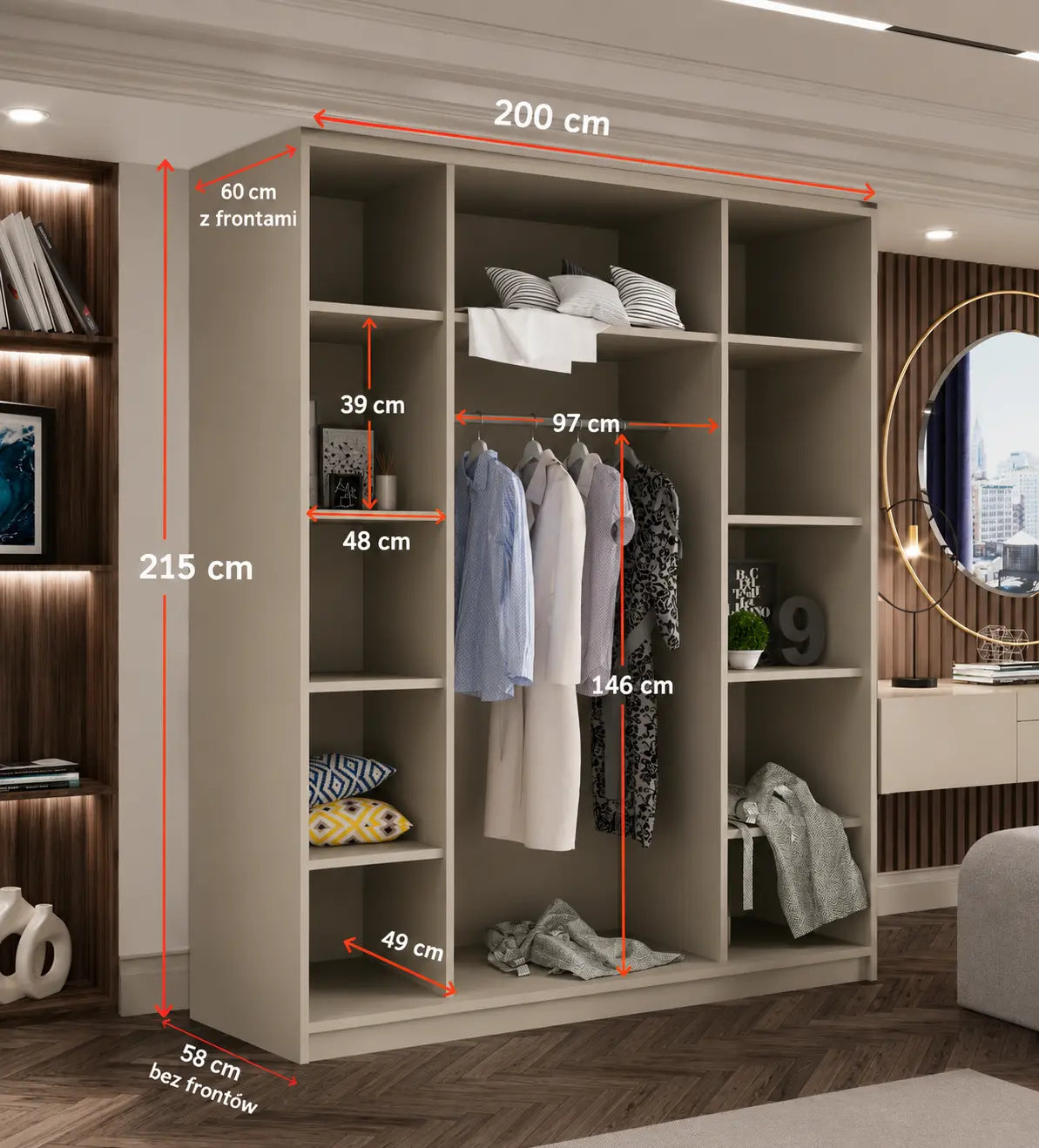 Szafa Uchylna 200cm 4-drzwiowa Kaszmir z Lustrem TIZA – Garderoba Milo Furniture