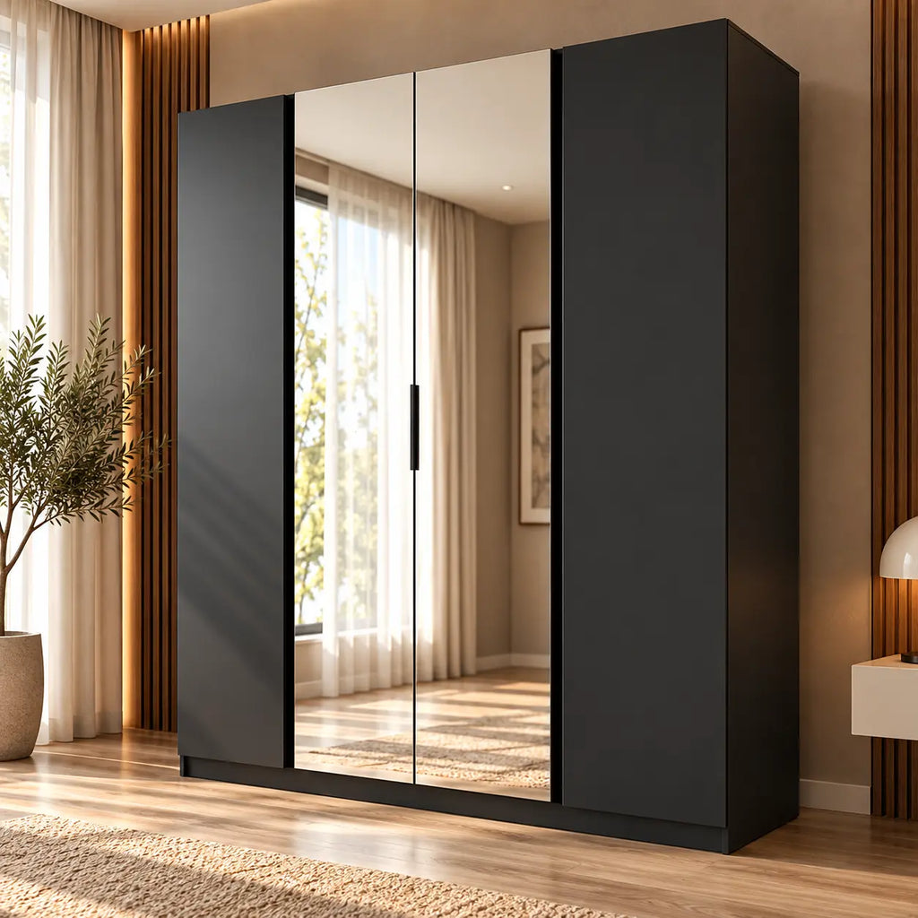 Szafa MILLA 200cm Czarna z 2 Lustrami – 4 Drzwi, 11 Półek Milo Furniture