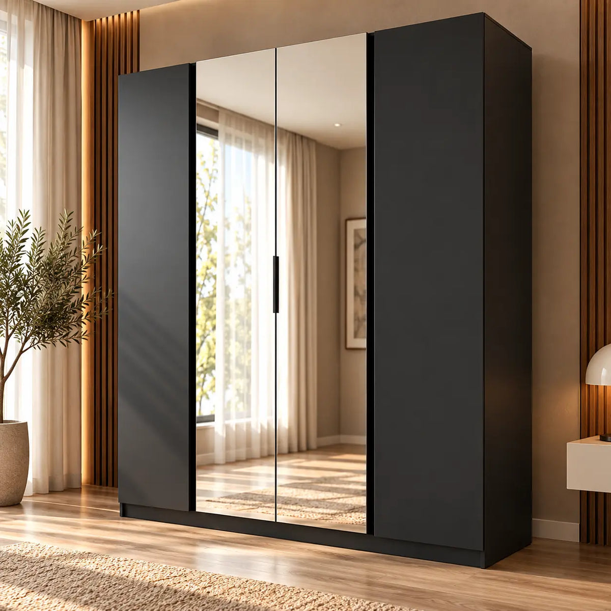 Szafa MILLA 200cm Czarna z 2 Lustrami – 4 Drzwi, 11 Półek Milo Furniture