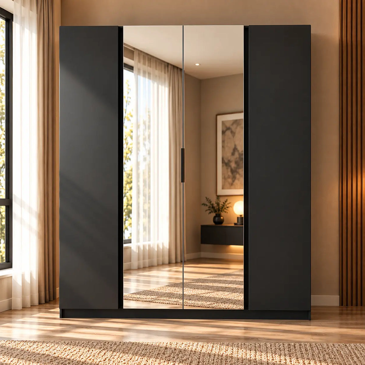 Szafa MILLA 200cm Czarna z 2 Lustrami – 4 Drzwi, 11 Półek Milo Furniture