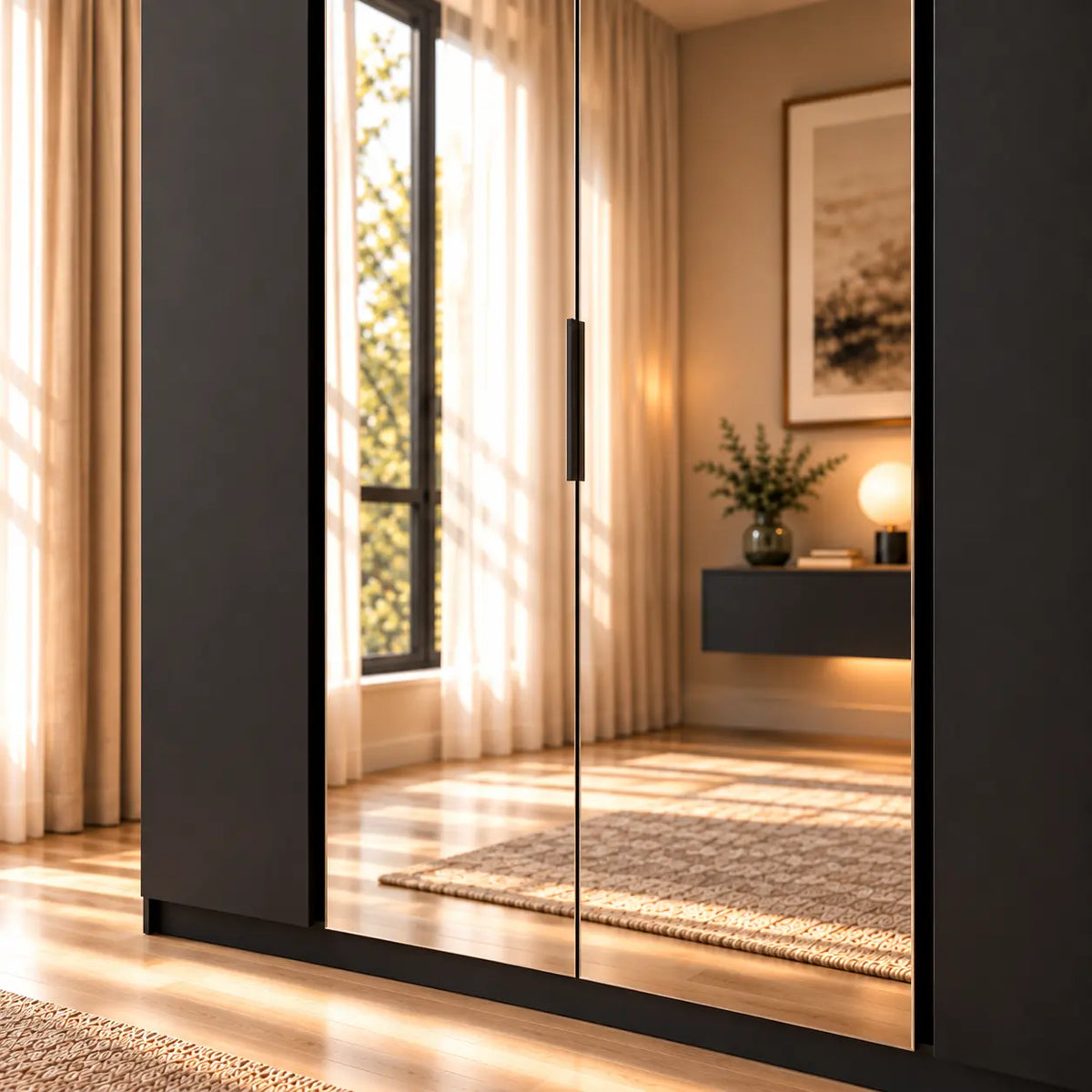 Szafa MILLA 200cm Czarna z 2 Lustrami – 4 Drzwi, 11 Półek Milo Furniture