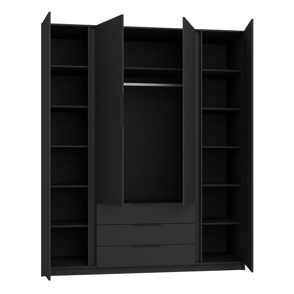Szafa MILLA 200cm Czarna z Lustrami i Lamelami Dąb Evoke – 3 Szuflady Milo Furniture