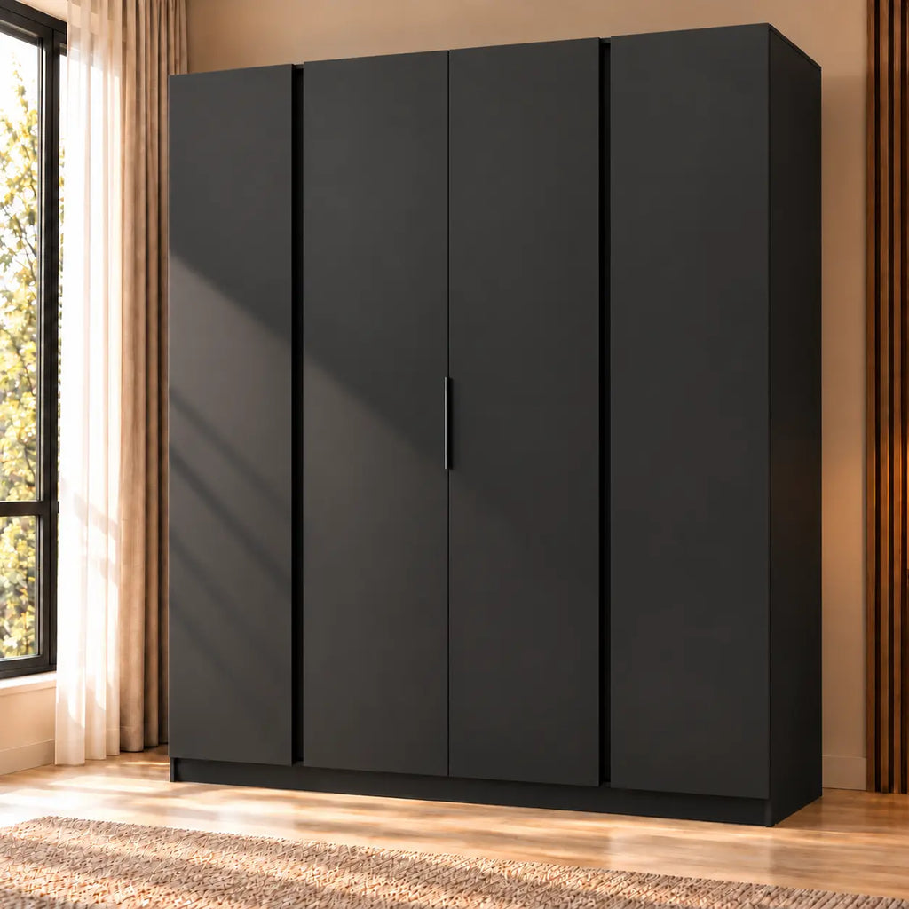 Szafa MILLA 200cm Czarna – Nowoczesna Szafa 4-Drzwiowa do Sypialni Milo Furniture