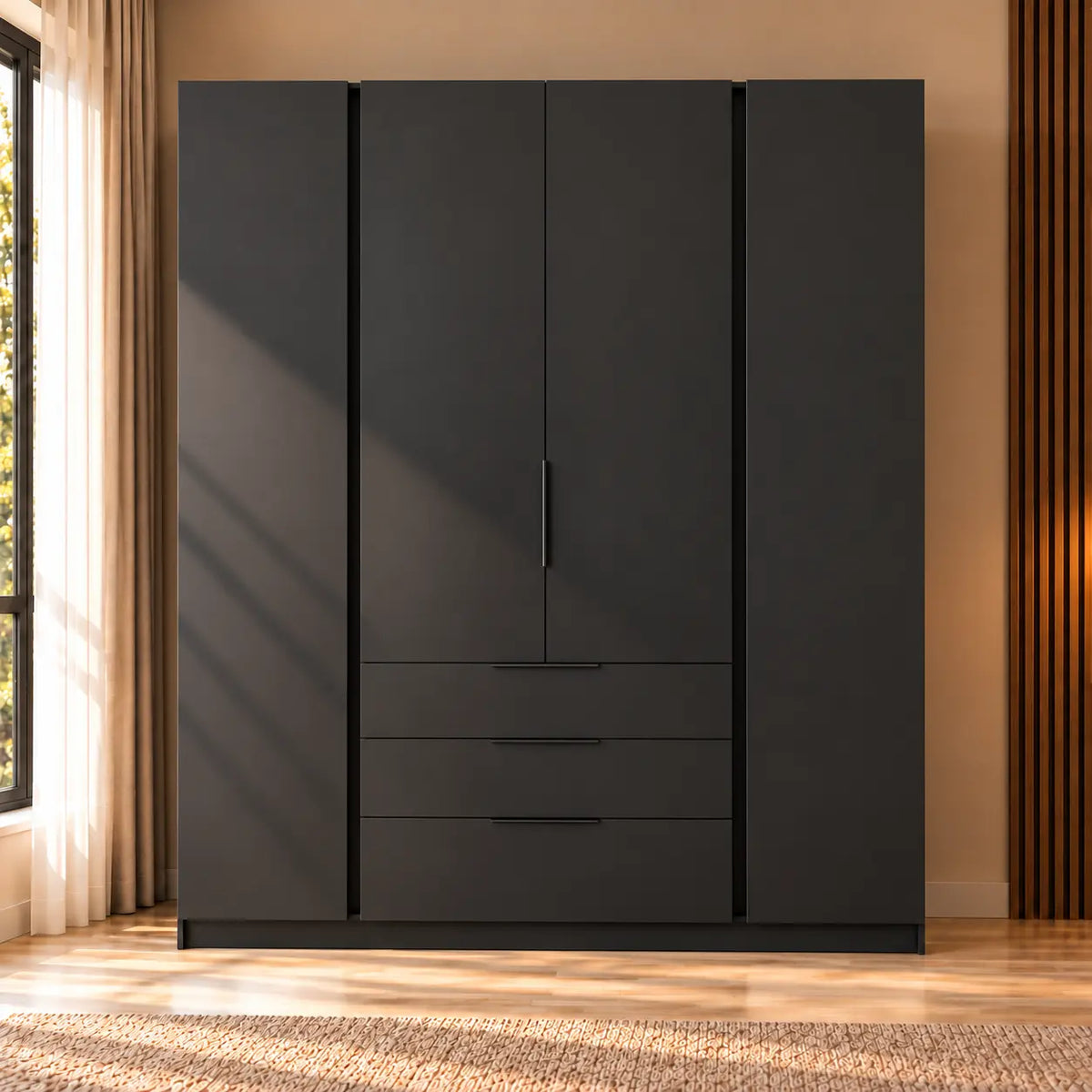 Szafa MILLA 200cm Czarna z 3 Szufladami – Nowoczesna Szafa do Sypialni Milo Furniture