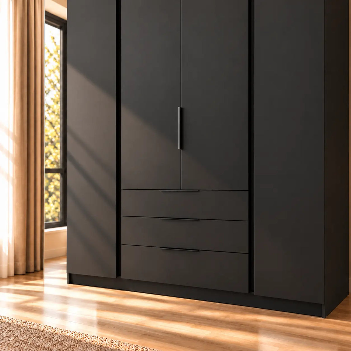 Szafa MILLA 200cm Czarna z 3 Szufladami – Nowoczesna Szafa do Sypialni Milo Furniture
