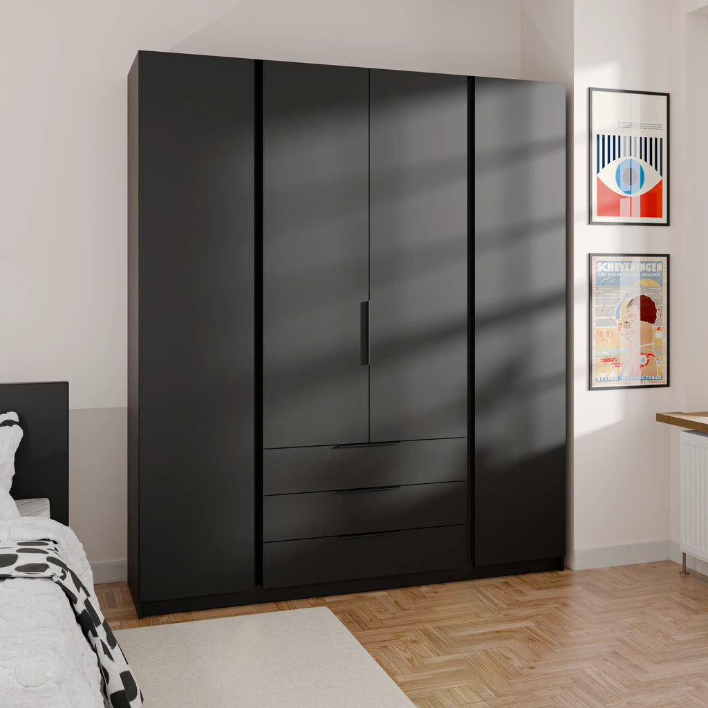 Szafa MILLA 200cm Czarna z 3 Szufladami – Nowoczesna Szafa do Sypialni Milo Furniture