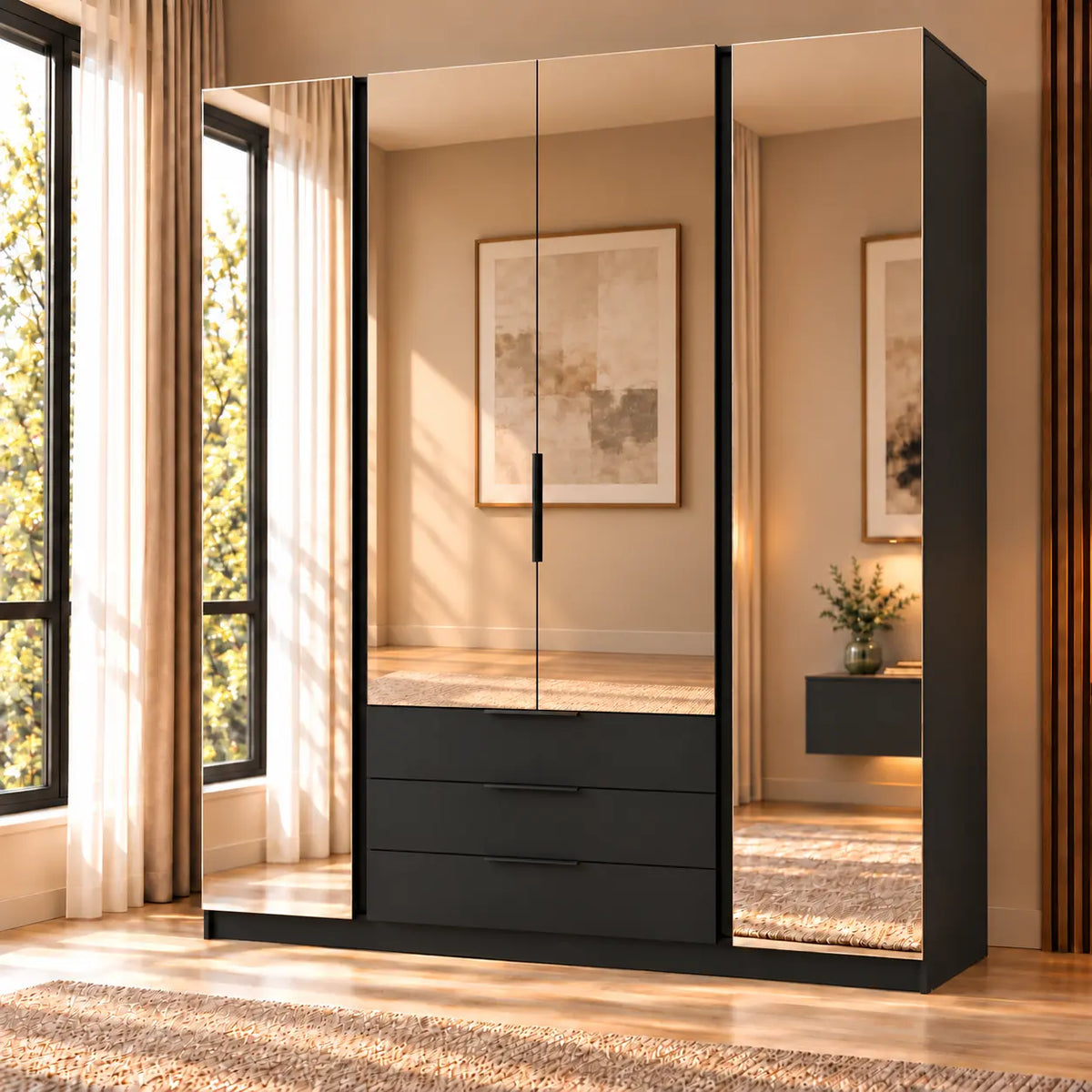 Szafa MILLA 200cm Czarna z 4 Lustrami i 3 Szufladami – Nowoczesna Szafa do Sypialni Milo Furniture