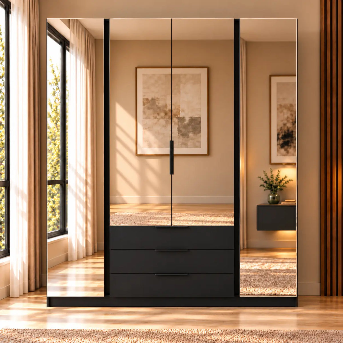 Szafa MILLA 200cm Czarna z 4 Lustrami i 3 Szufladami – Nowoczesna Szafa do Sypialni Milo Furniture