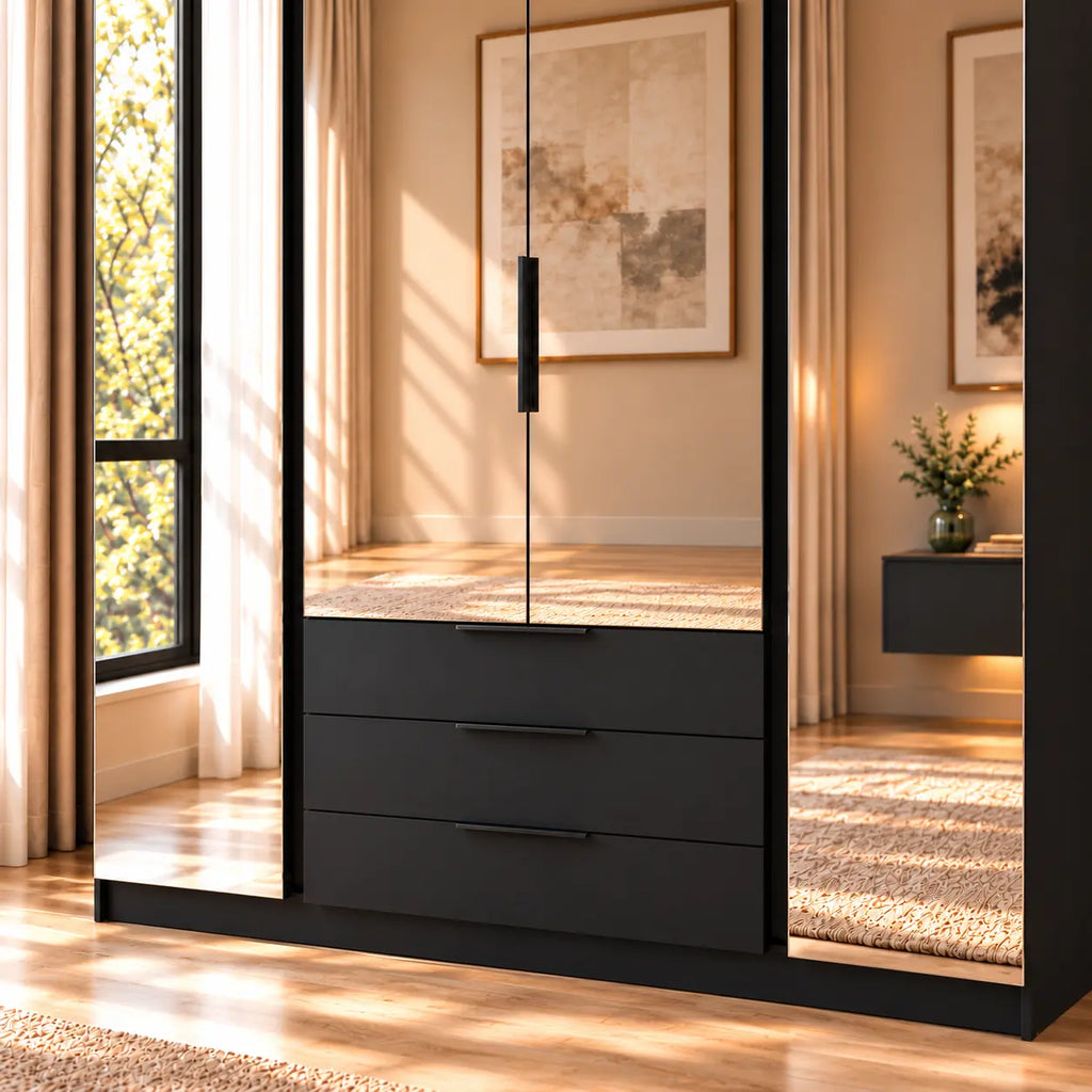 Szafa MILLA 200cm Czarna z 4 Lustrami i 3 Szufladami – Nowoczesna Szafa do Sypialni Milo Furniture