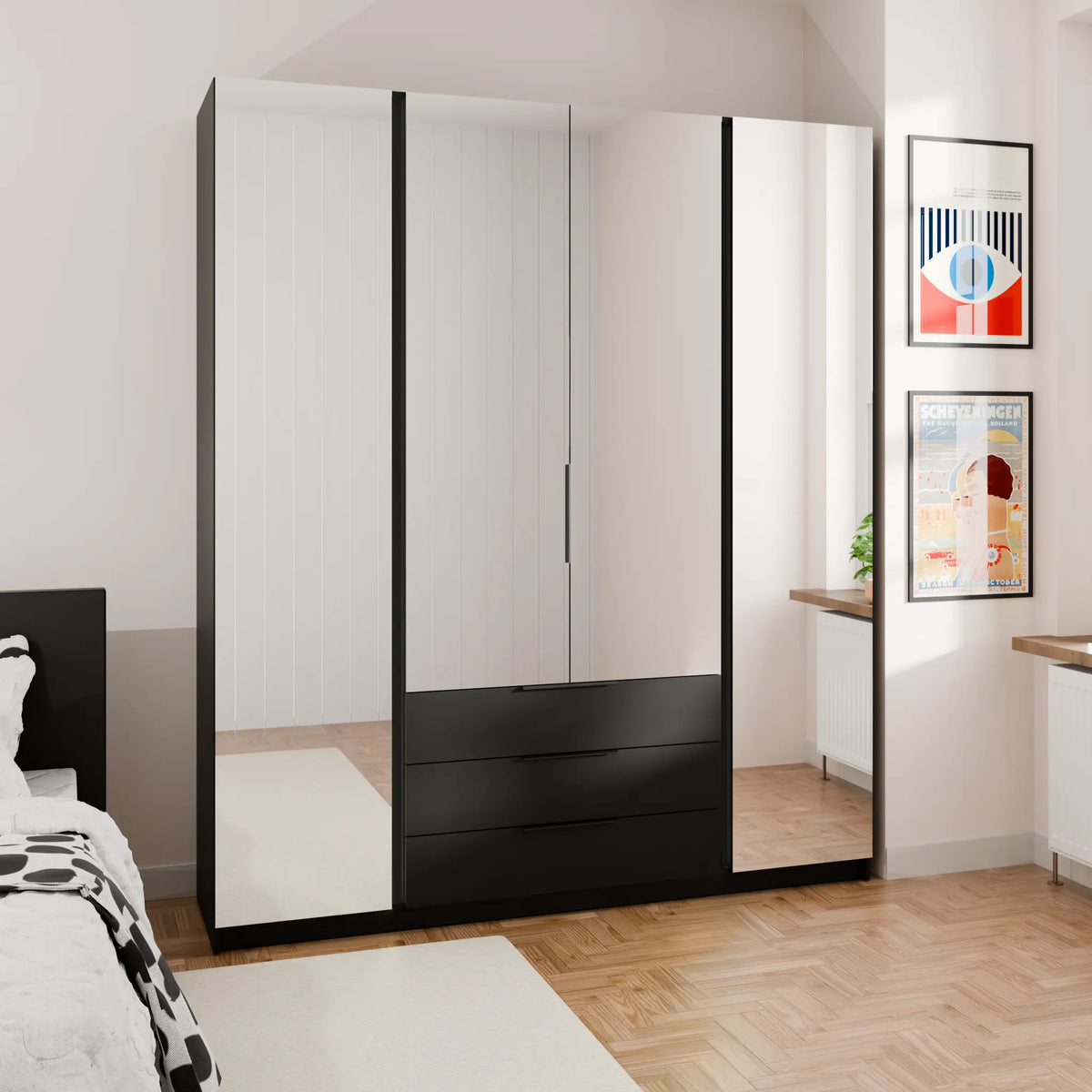 Szafa MILLA 200cm Czarna z 4 Lustrami i 3 Szufladami – Nowoczesna Szafa do Sypialni Milo Furniture