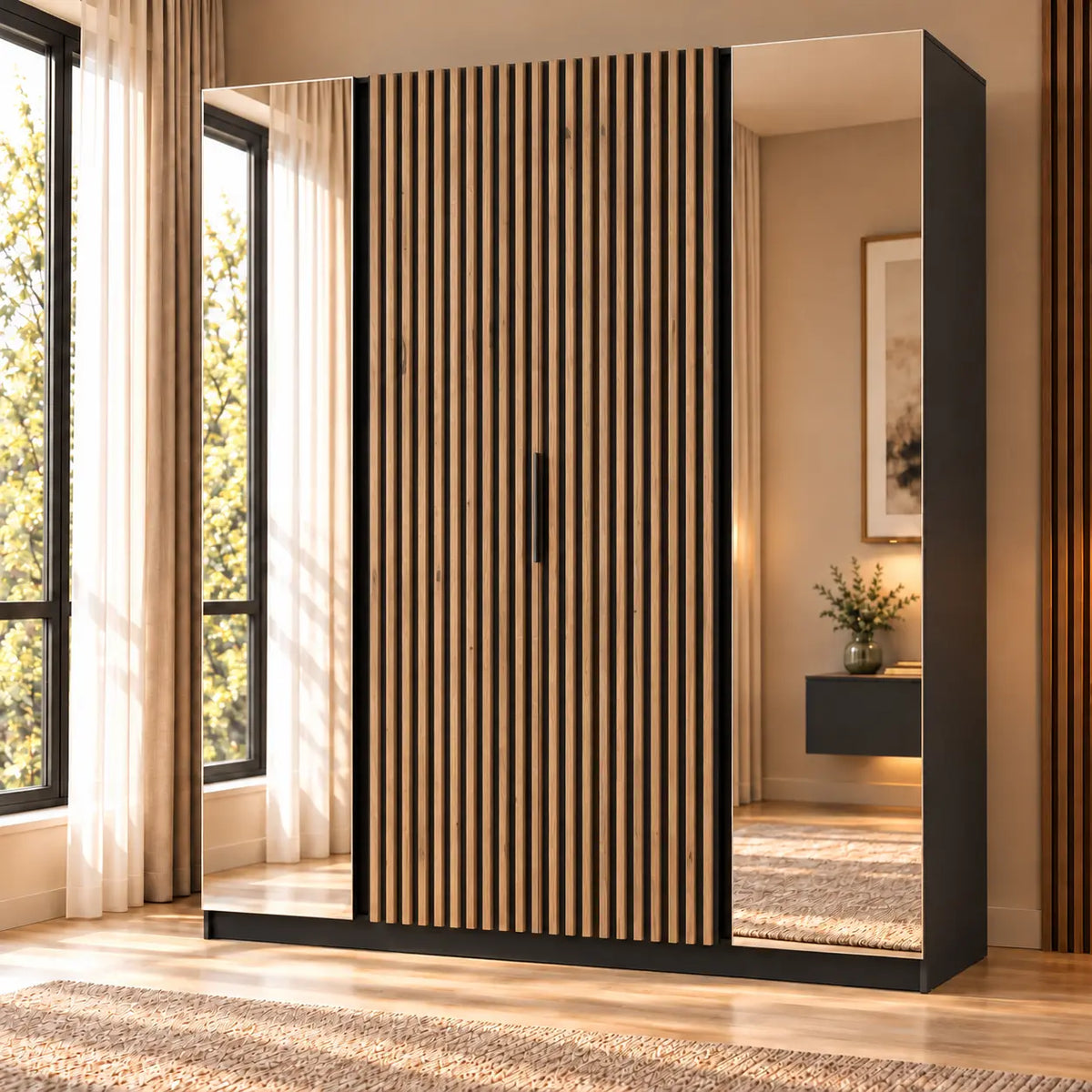 Szafa MILLA 200cm Czarna Dąb Evoke – Lamelowa z 2 Lustrami, 4-Drzwiowa Milo Furniture