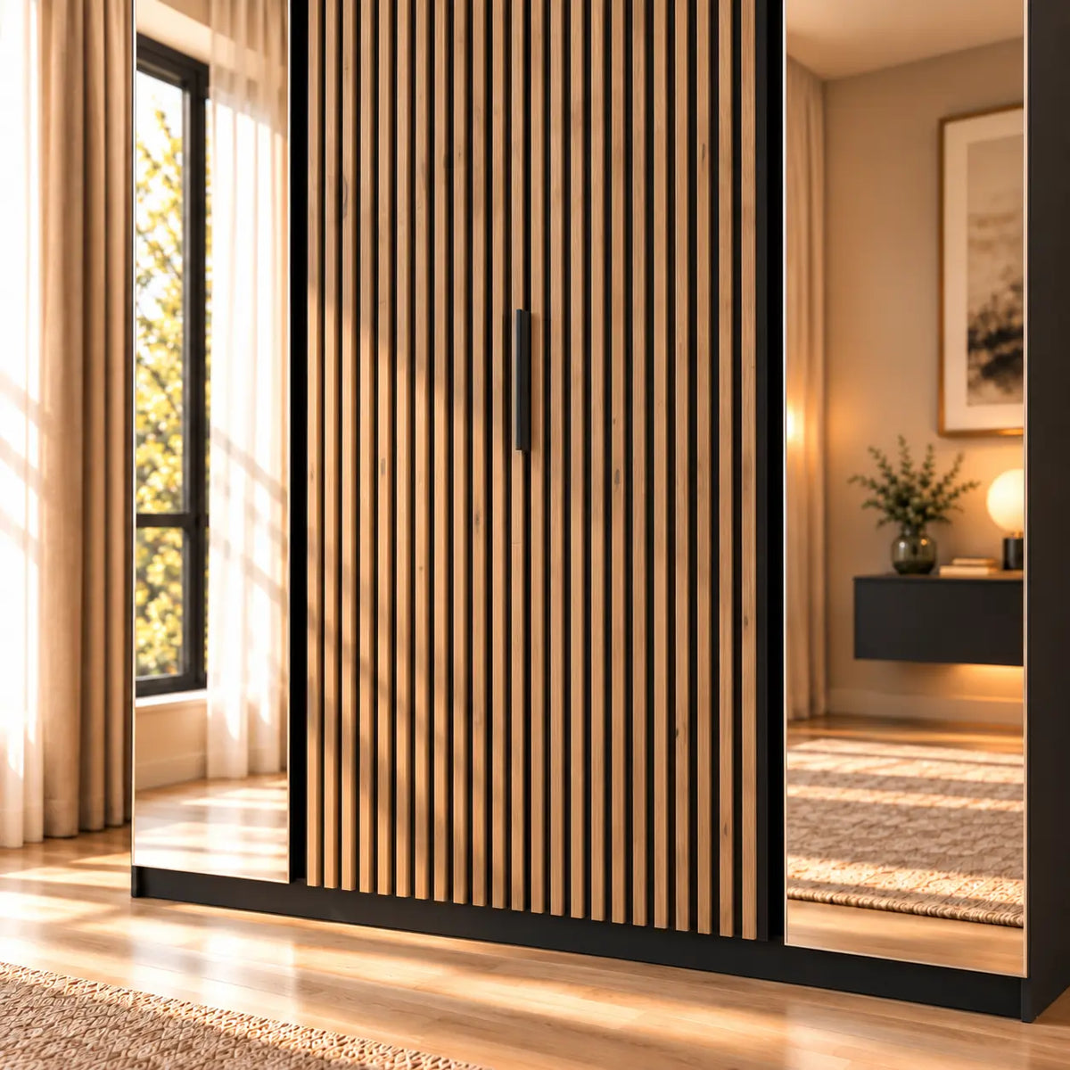 Szafa MILLA 200cm Czarna Dąb Evoke – Lamelowa z 2 Lustrami, 4-Drzwiowa Milo Furniture